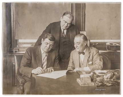 Rare Oversized 1927 Ruth/Ruppert/Barrow Type I Original Photo - Contract Signing For 60-HR Season (PSA/DNA)